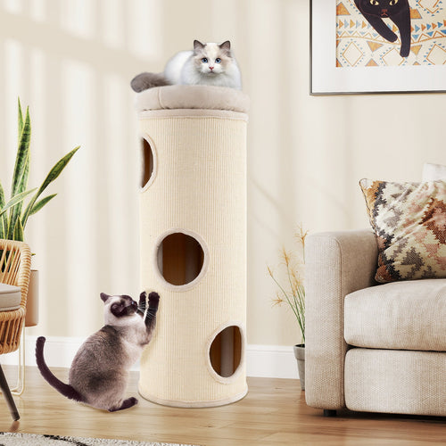 49 Inch Elevated Cat Cave 4-Story Cat House for Multiple Cats-Beige