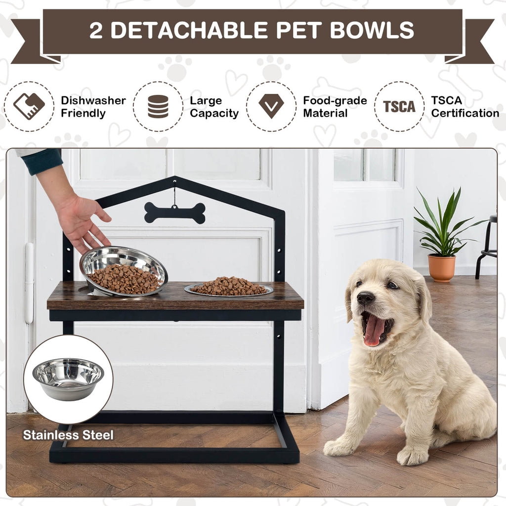 5 Heights Elevated Pet Feeder with 2 Detachable Stainless Steel Bowl Brown