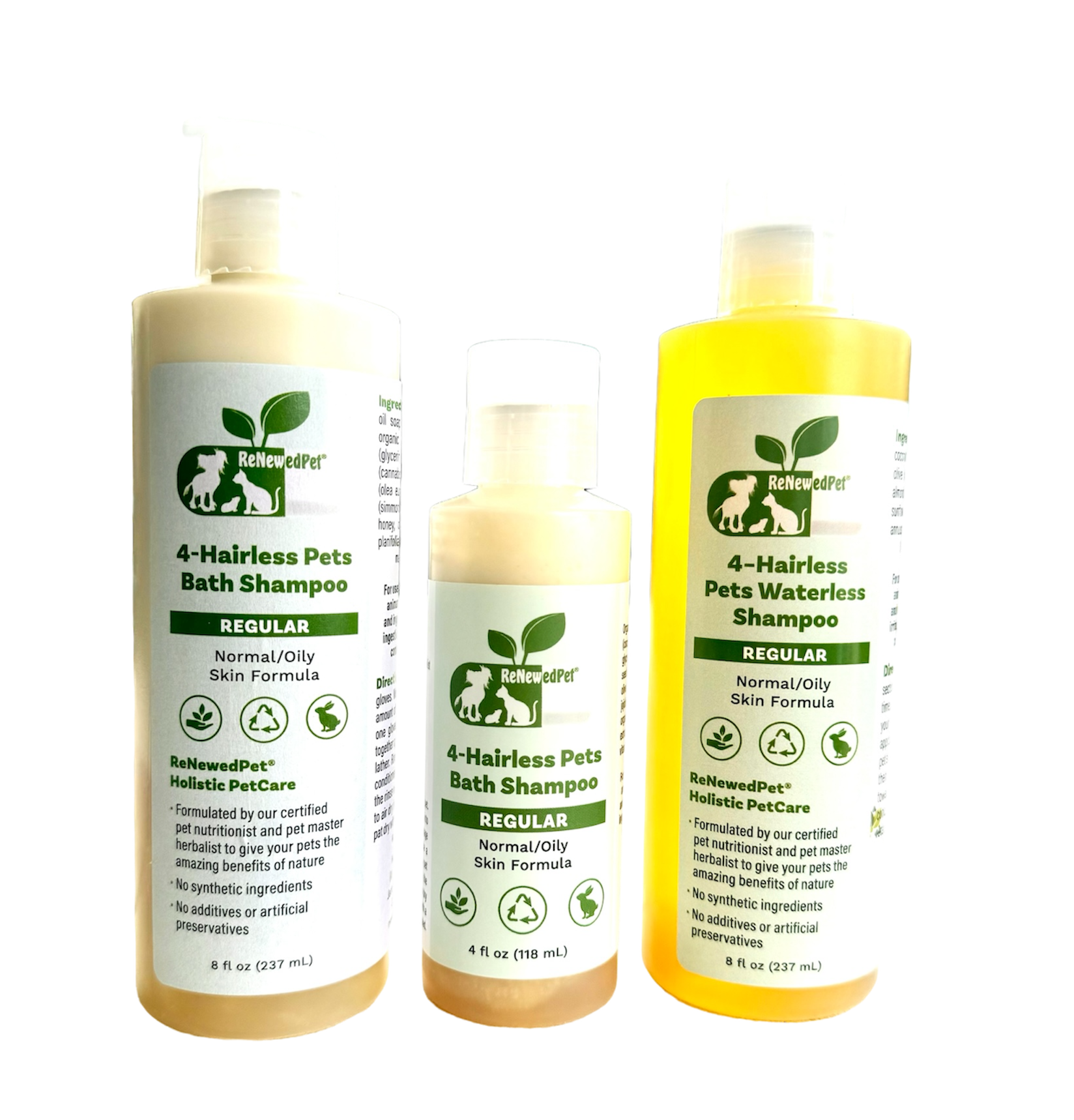 4-HAIRLESS PETS REGULAR SHAMPOO, WATERLESS SHAMPOO & CONDITIONER KIT FULL SIZE ($4.54 oz.)