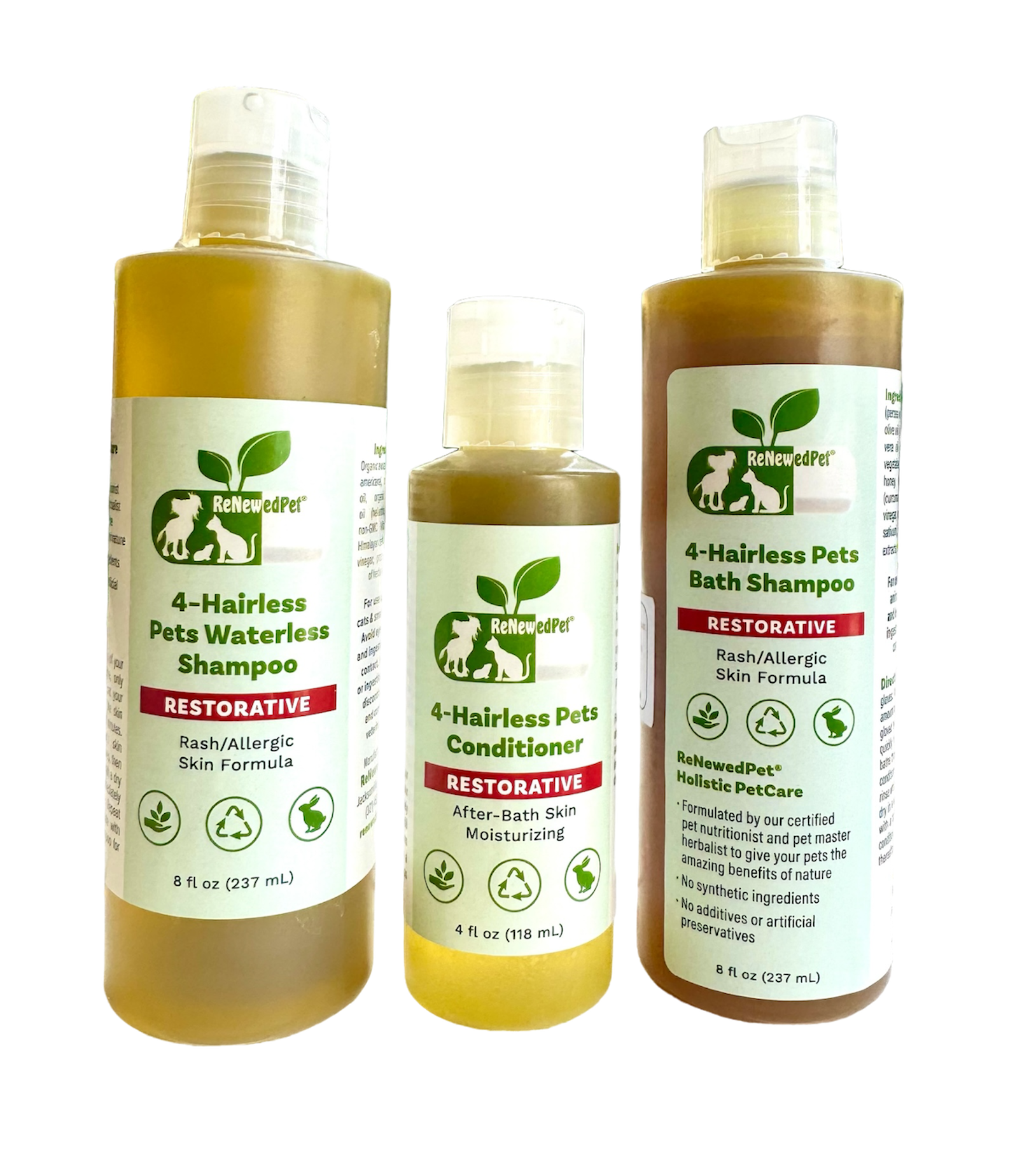 4-HAIRLESS PETS RESTORATIVE SHAMPOO, WATERLESS & CONDITIONER FULL SIZE - SAVE 20%