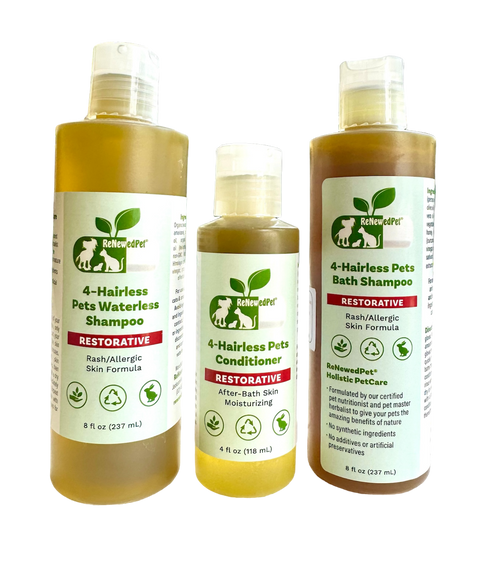 4-HAIRLESS PETS RESTORATIVE SHAMPOO, WATERLESS & CONDITIONER FULL SIZE - SAVE 20%