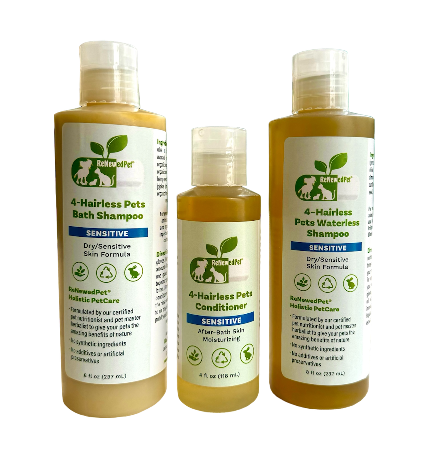 4-HAIRLESS PETS SENSITIVE SHAMPOO, WATERLESS & CONDITIONER KIT FULL SIZE ($4.54 oz)