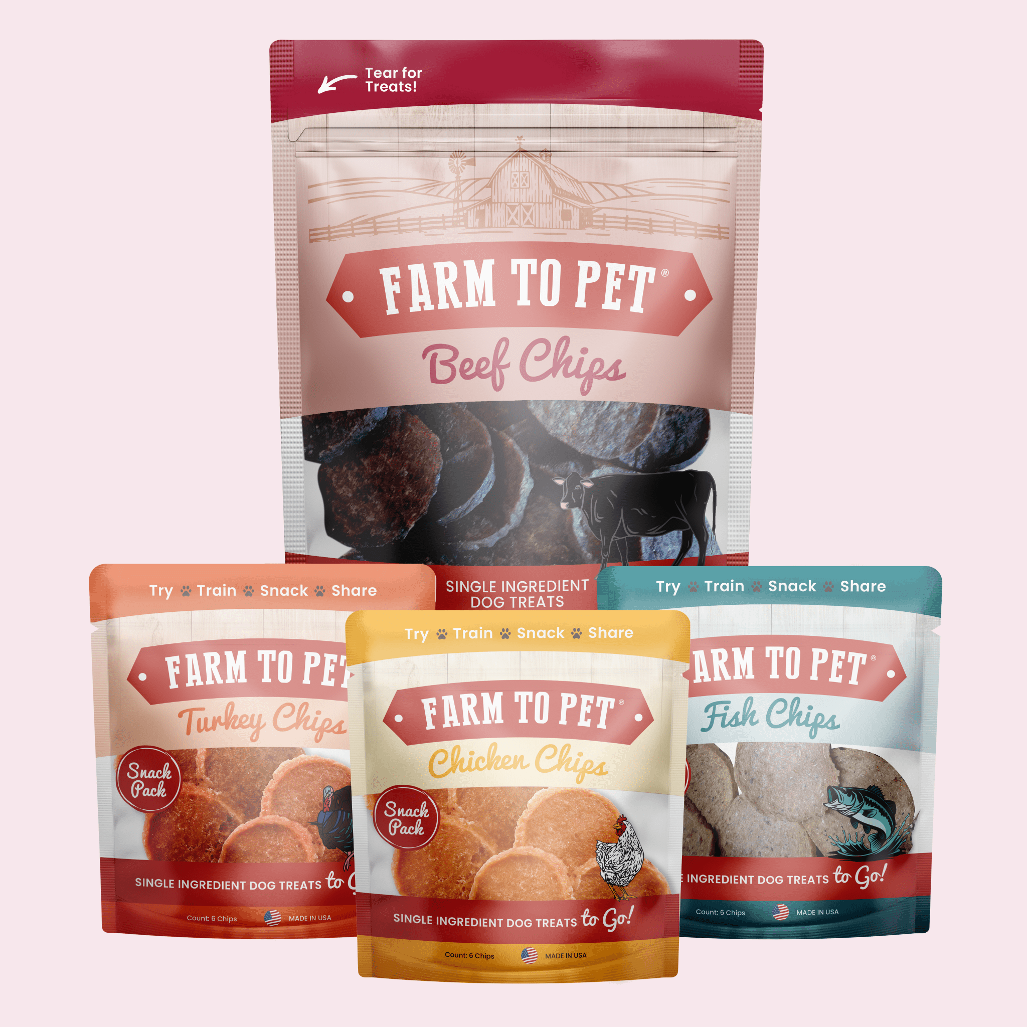 Puppy Packs 'n Snacks Dog Treat Starter Pack | Single-Ingredient Training Treats Beef 4oz + 1 Chicken & 1 Turkey & 1 Fish Snack Pack