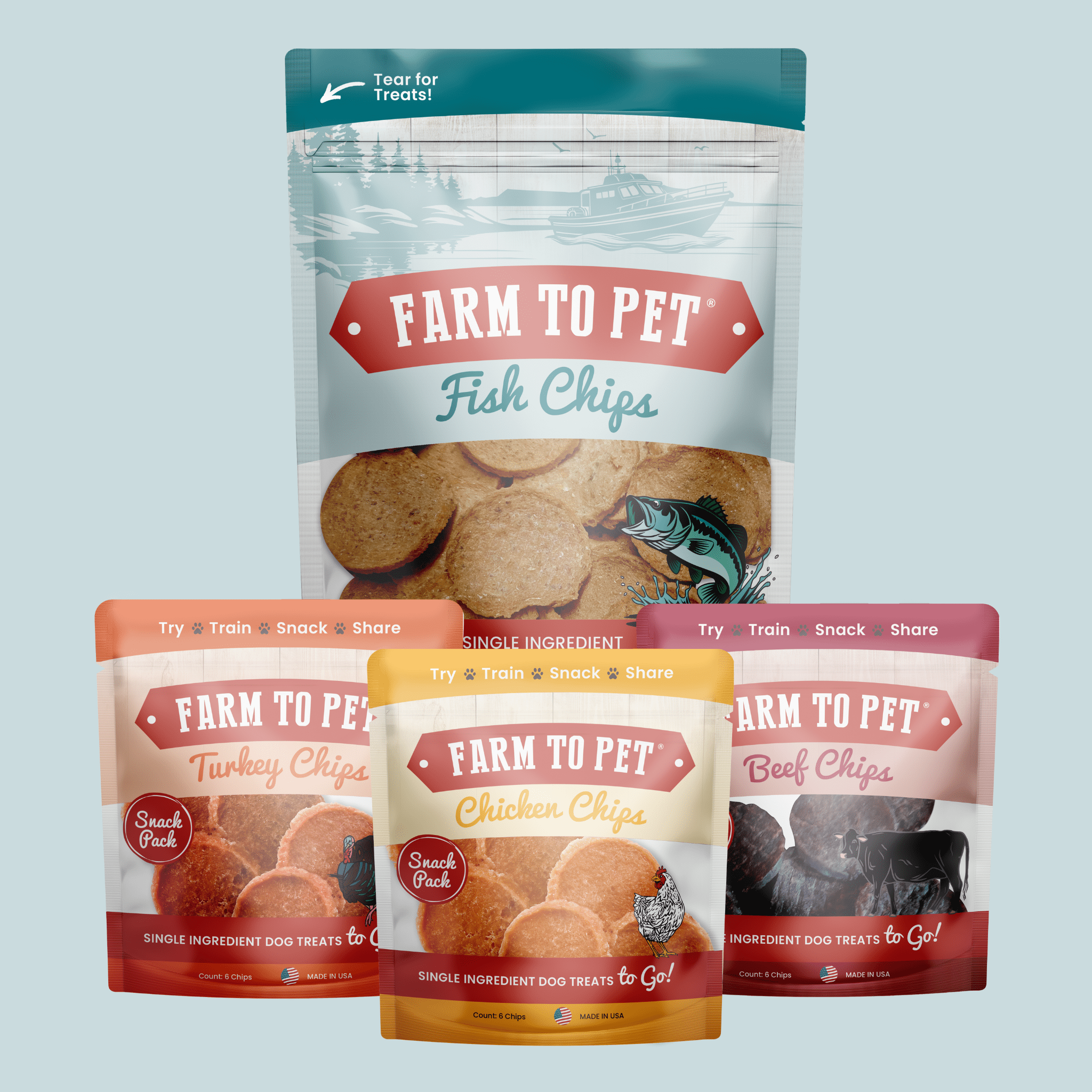 Puppy Packs 'n Snacks Dog Treat Starter Pack | Single-Ingredient Training Treats Fish 4oz + 1 Beef & 1 Turkey & 1 Chicken Snack Pack