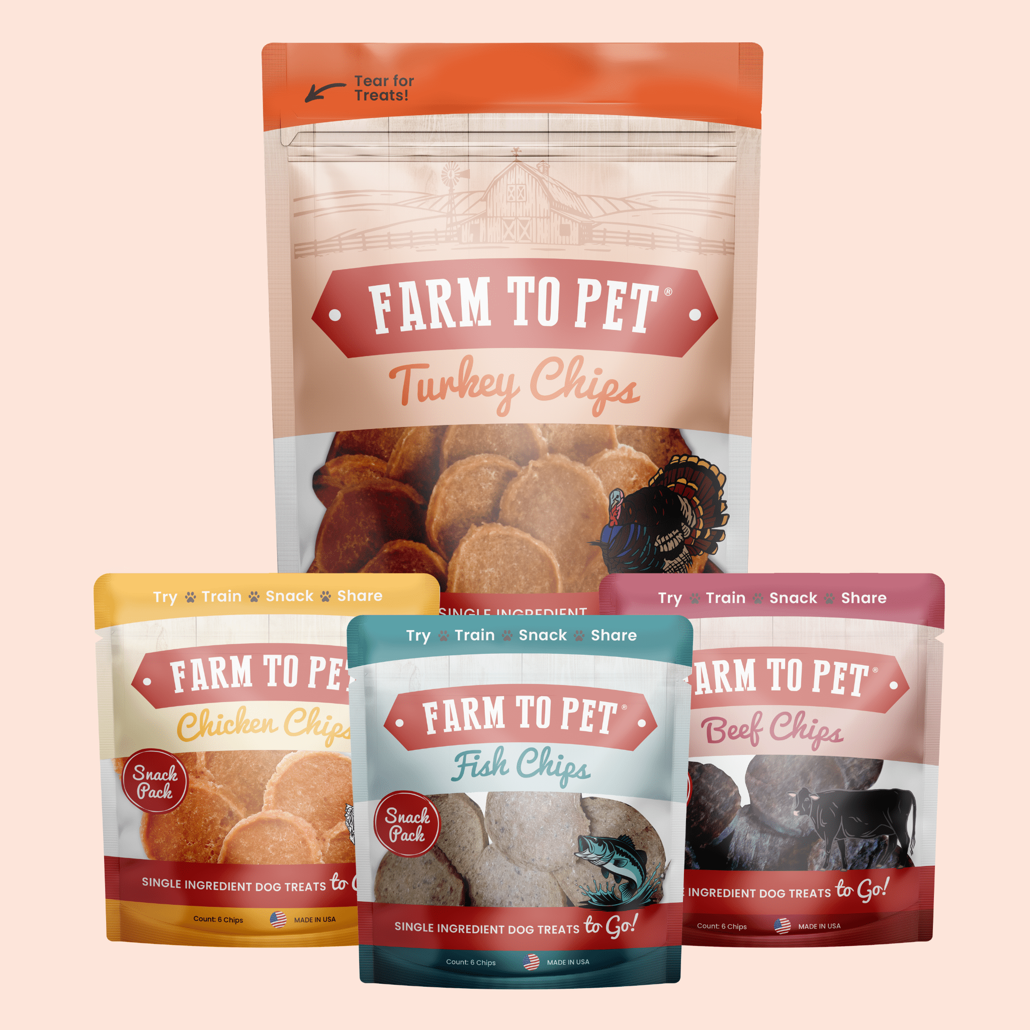 Puppy Packs 'n Snacks Dog Treat Starter Pack | Single-Ingredient Training Treats Turkey 4oz + 1 Beef & 1 Chicken & 1 Fish Snack Pack