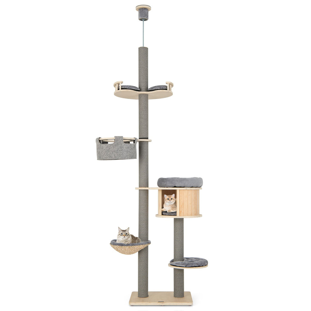 6-tier Floor-to-Ceiling Cat Tree 100-110 Inches Adjustable Height-Natural Default Title