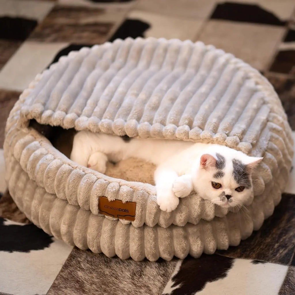 Fluffy Round Soft Cat Bed – Washable Plush Pet Bed for Cats & Small Dogs Khaki