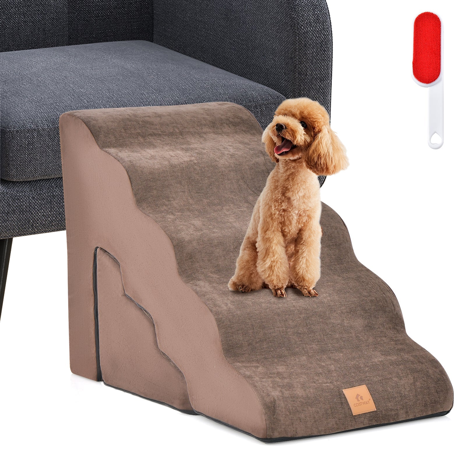 22 Inches and 11 Inches Foam Pet Stairs Set with 5-Tier and 3-Tier Dog Ramps Brown
