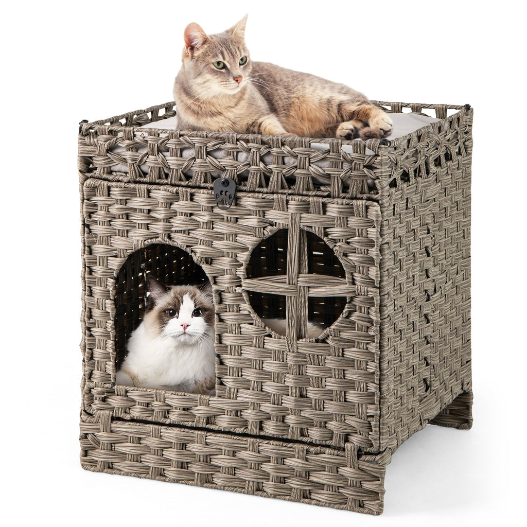 Foldable 2-tier Rattan Cat Litter Box Enclosure with Litter Mat-Grey Default Title