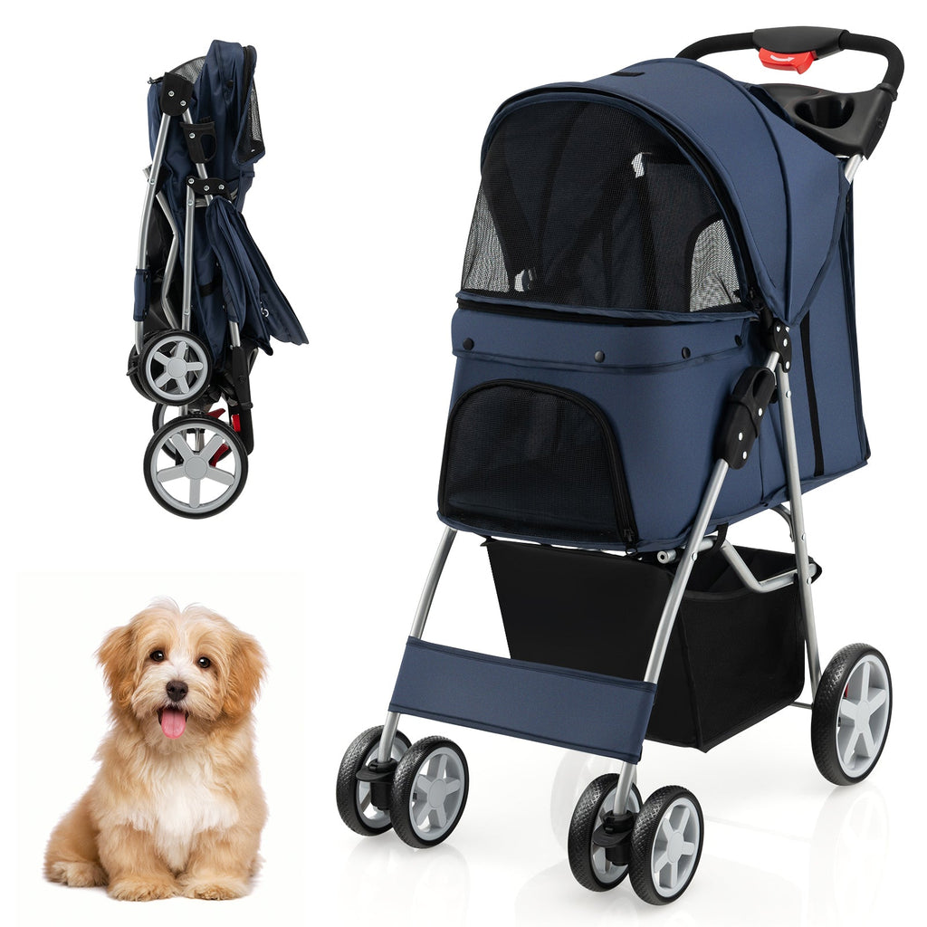 Folding Pet Stroller with Storage Basket and Adjustable Canopy Navy