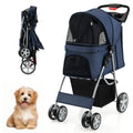 Folding Pet Stroller with Storage Basket and Adjustable Canopy Navy
