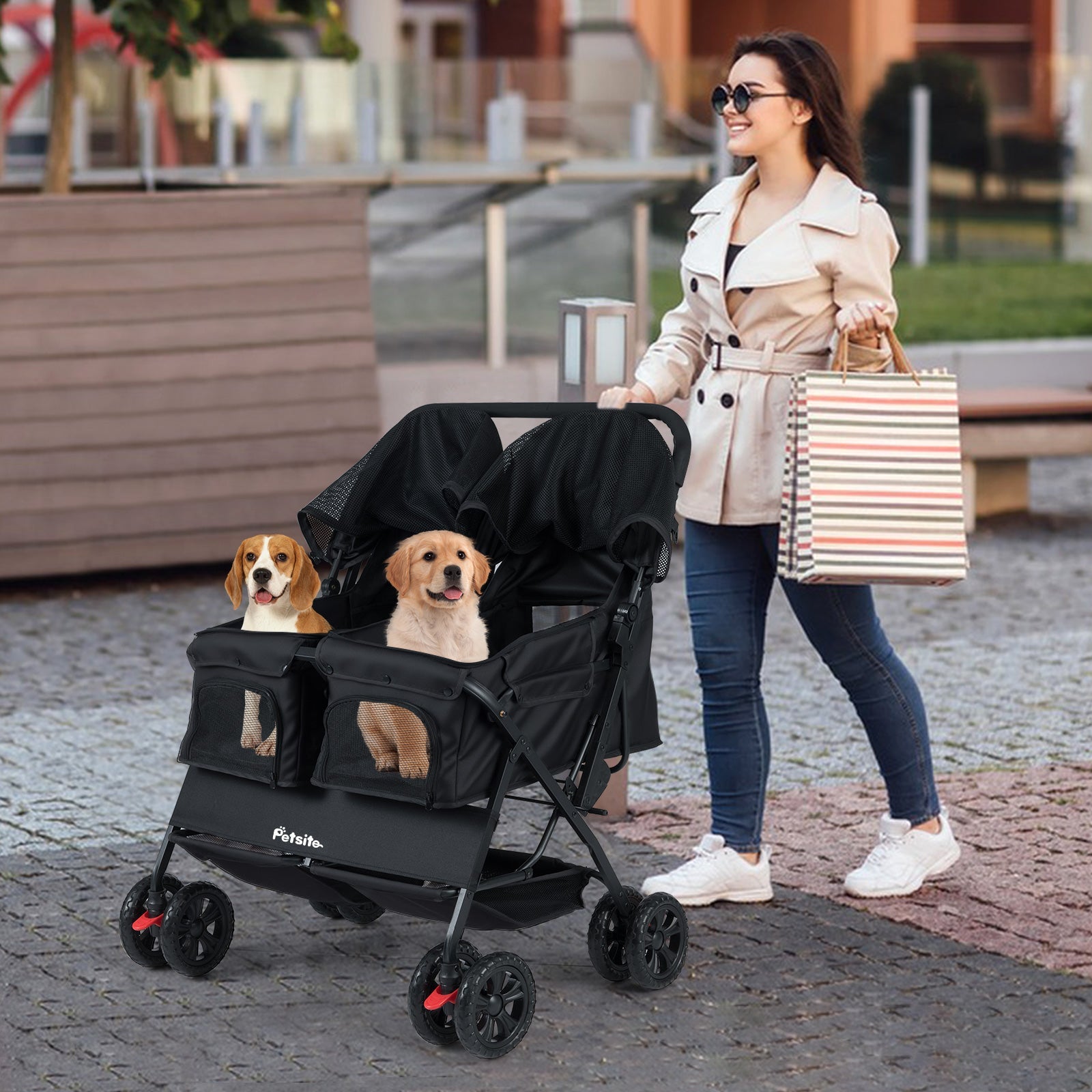 Foldable Double Pet Stroller with Adjustable Sunshade and Storage Basket