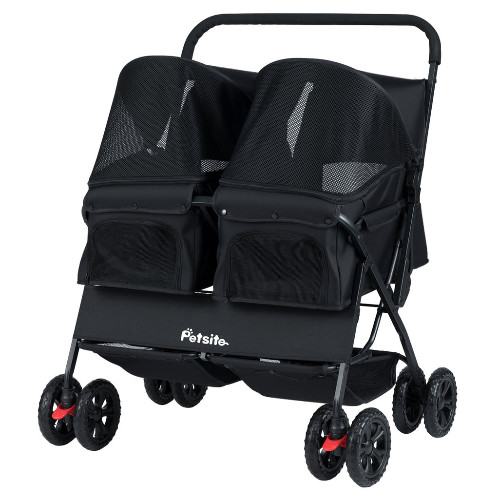 Foldable Double Pet Stroller with Adjustable Sunshade and Storage Basket Black