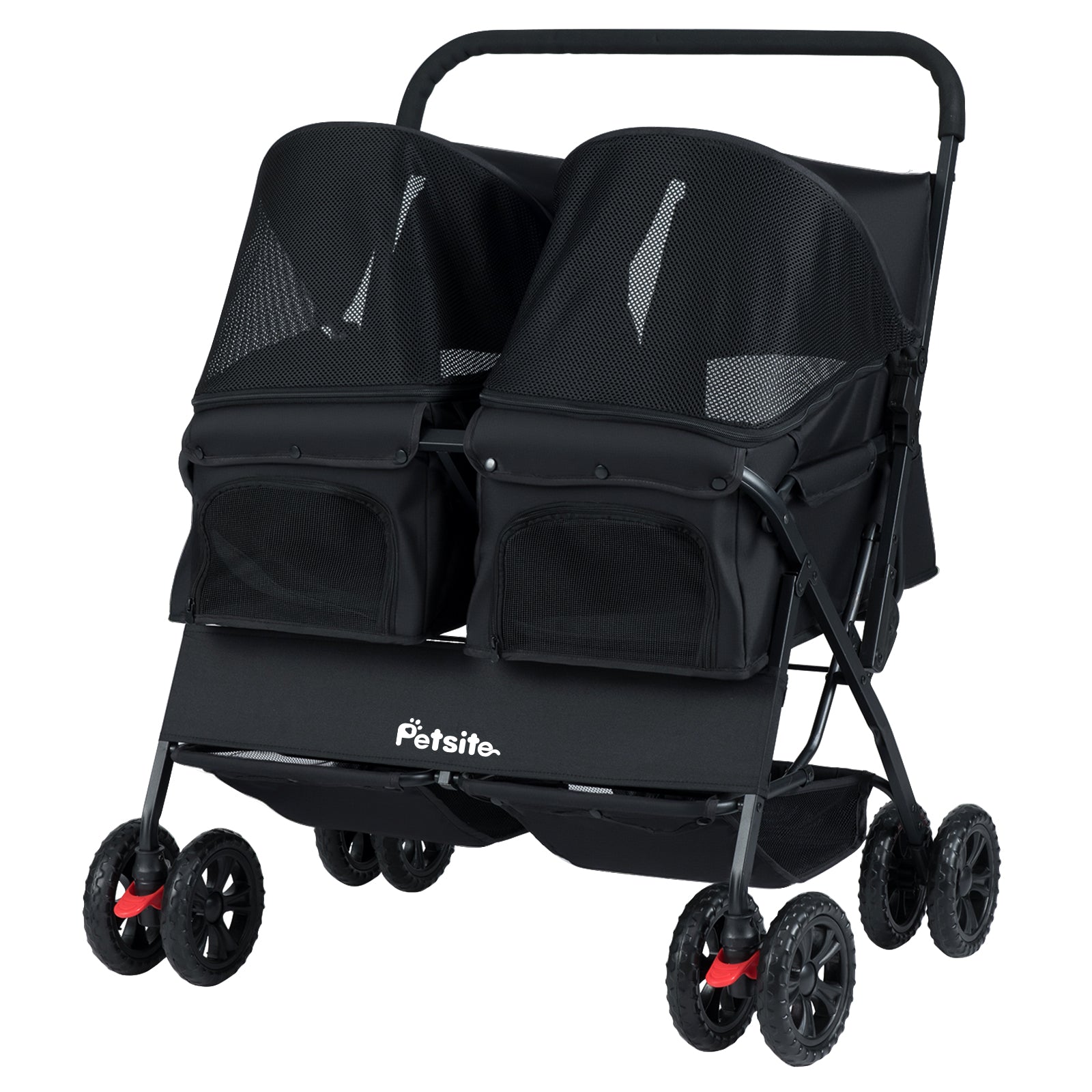 Foldable Double Pet Stroller with Adjustable Sunshade and Storage Basket Black