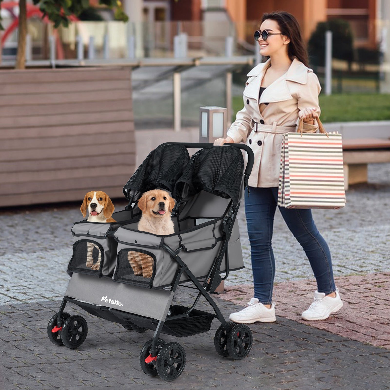 Foldable Double Pet Stroller with Adjustable Sunshade and Storage Basket