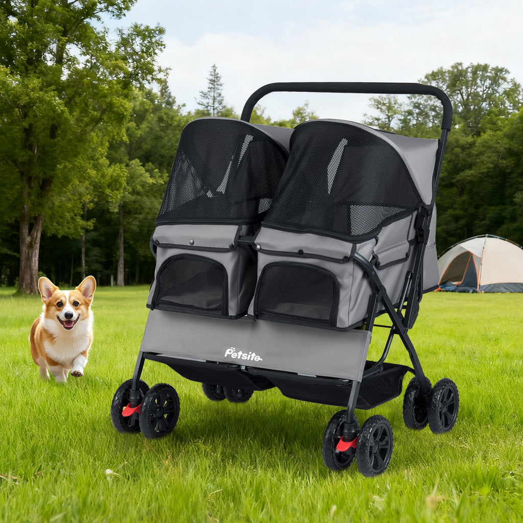 Foldable Double Pet Stroller with Adjustable Sunshade and Storage Basket