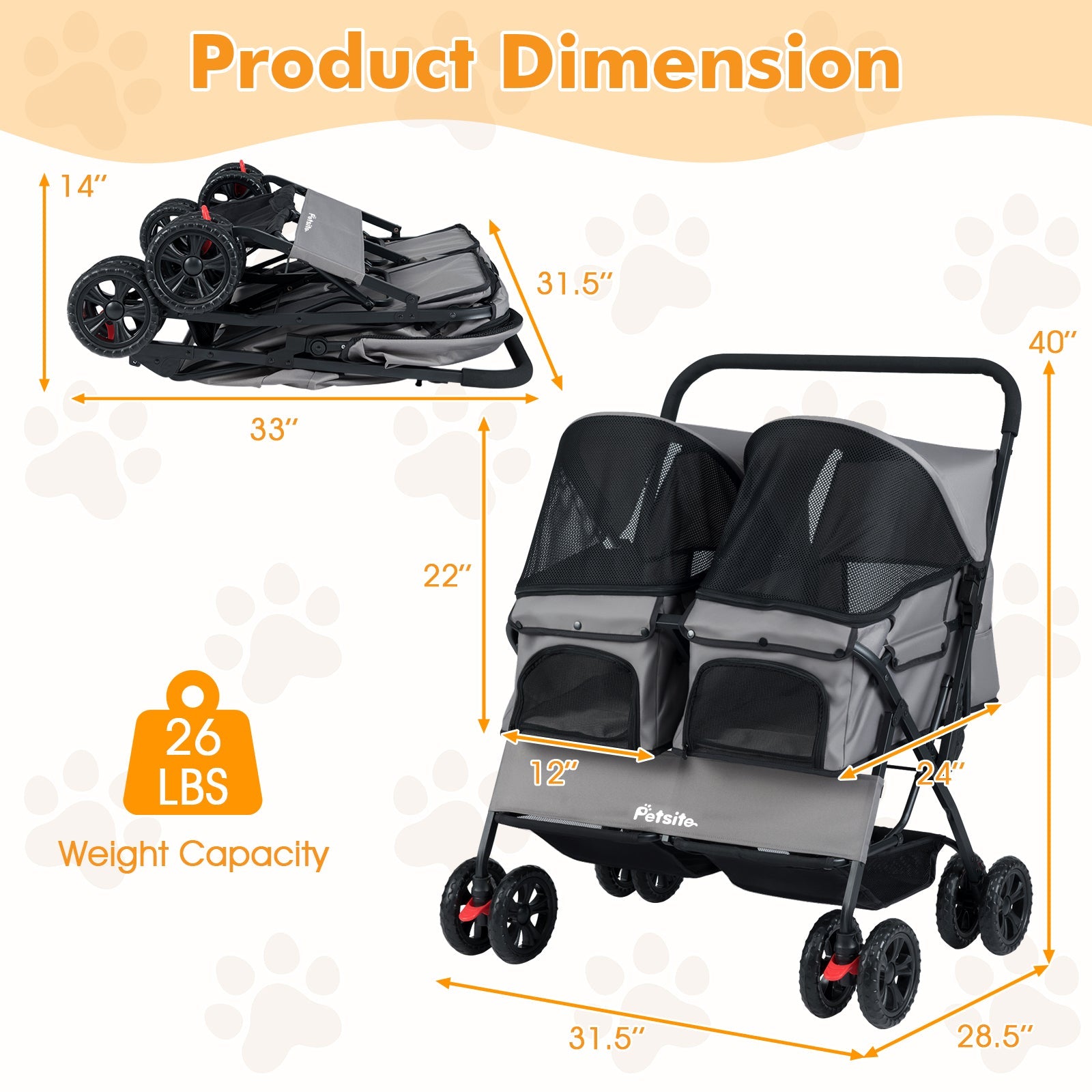Foldable Double Pet Stroller with Adjustable Sunshade and Storage Basket