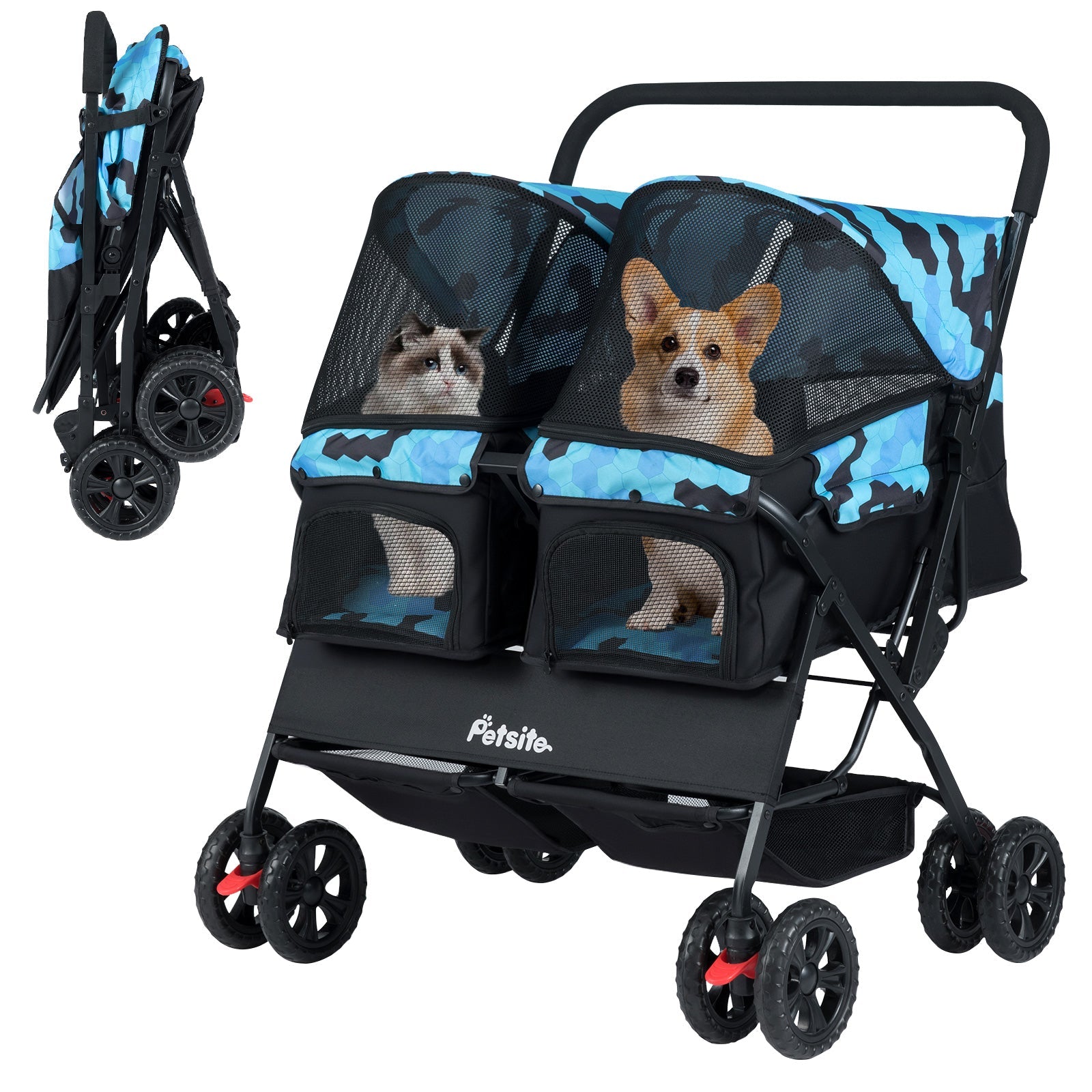 Foldable Double Pet Stroller with Adjustable Sunshade and Storage Basket