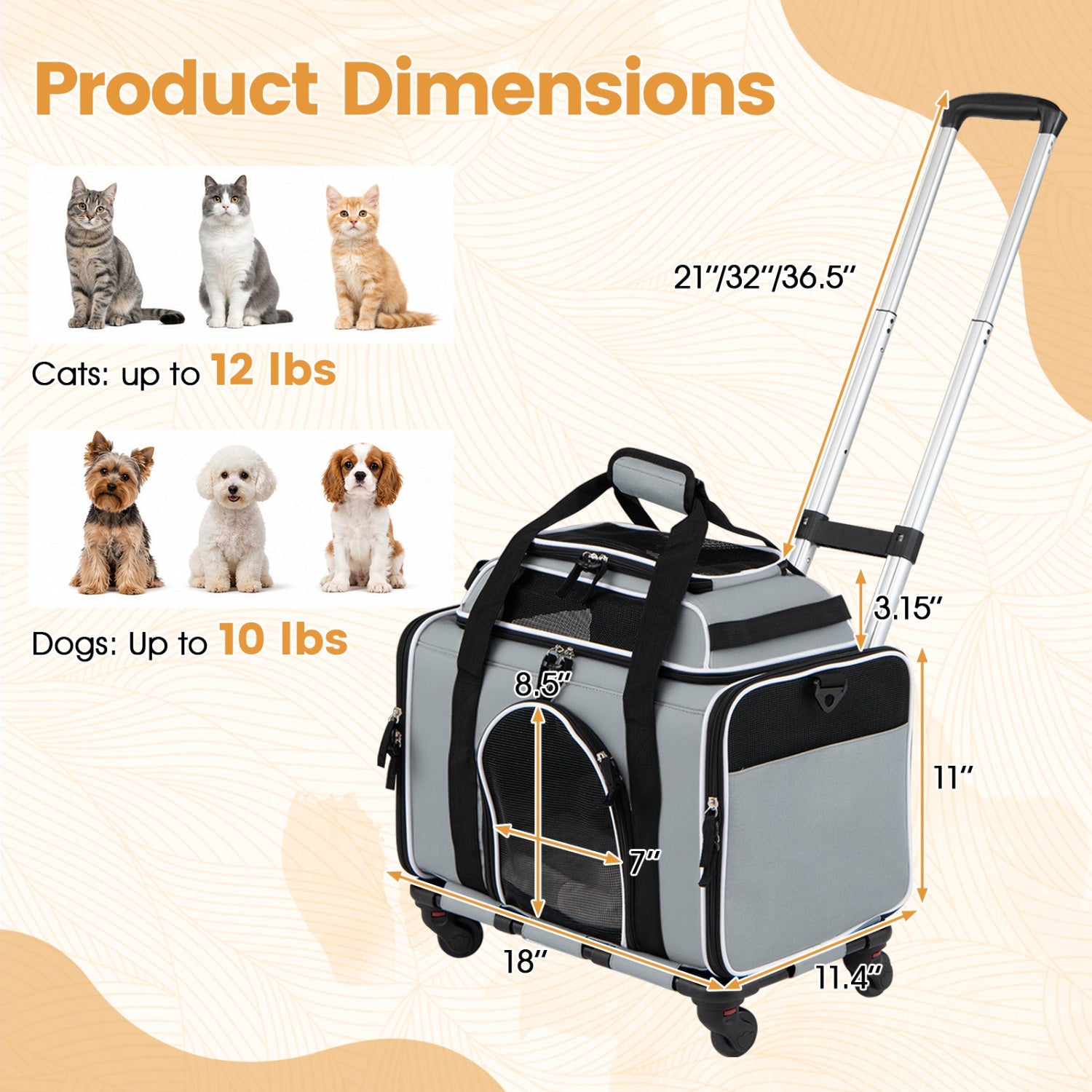 Rolling Pet Carrier with Wheels for Cats and Small Dogs