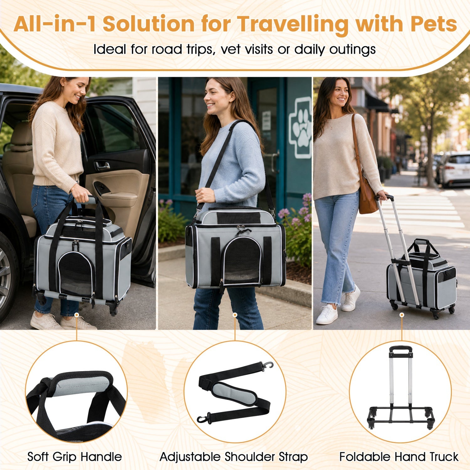Rolling Pet Carrier with Wheels for Cats and Small Dogs