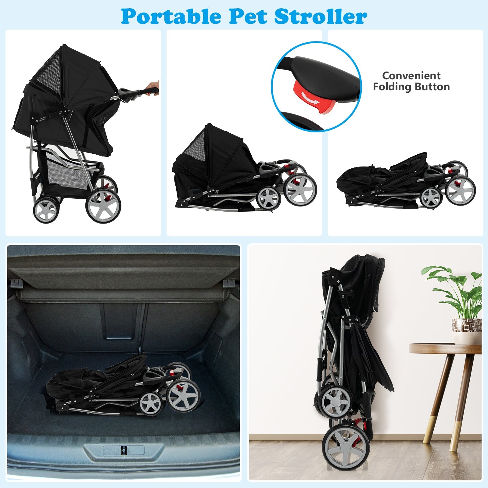Folding Pet Stroller with Storage Basket and Adjustable Canopy