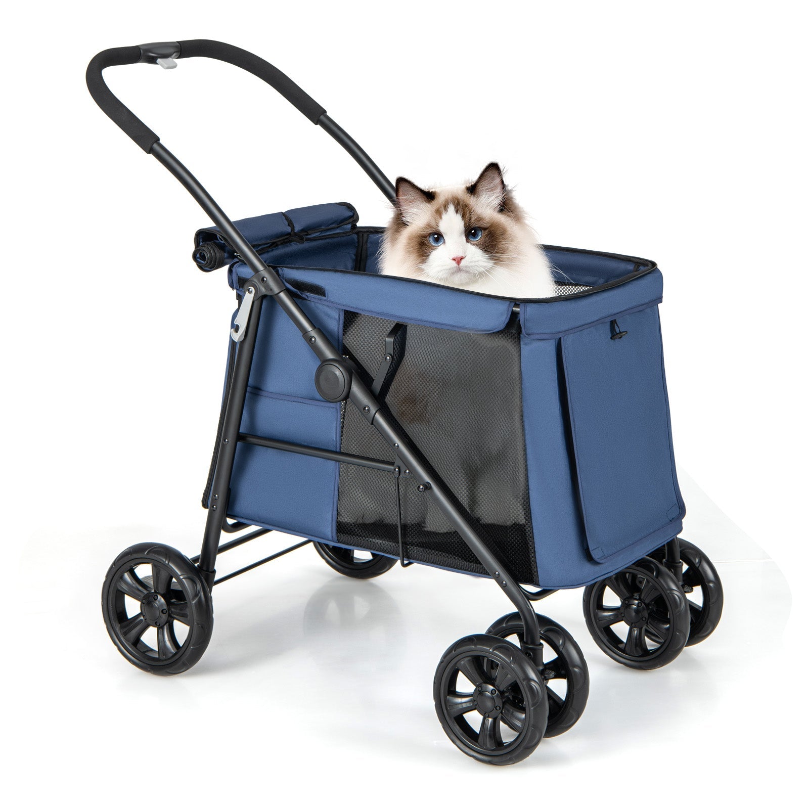 Folding Pet Stroller for Small and Medium Pets with Breathable Mesh andx One-Button Foldable Gray