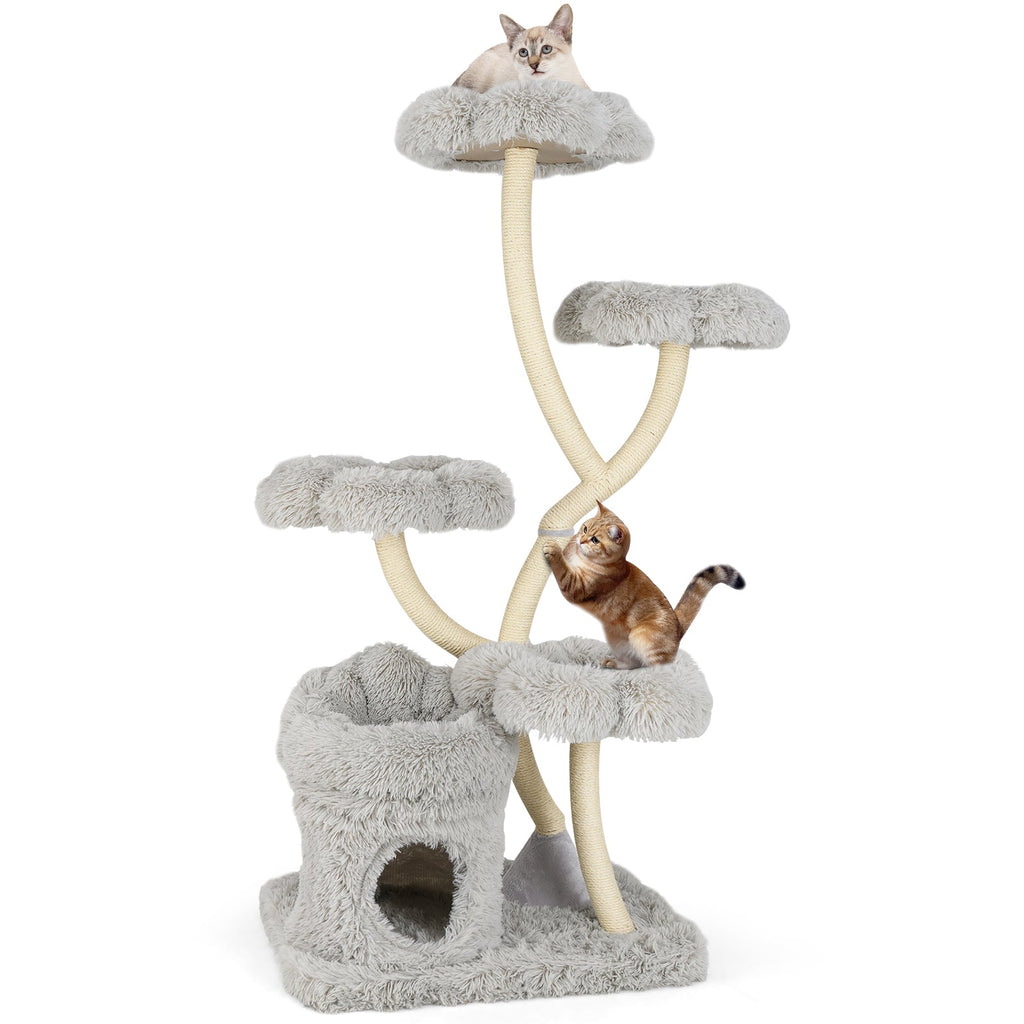 Freestanding Cat Tower with four Flower-shaped Platforms and Sisal Scratching Posts Gray