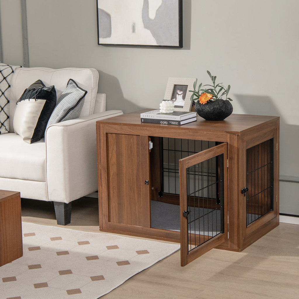 Furniture Dog Crate with Cushion and Double Doors-Walnut