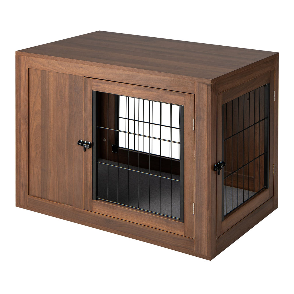 Furniture Dog Crate with Cushion and Double Doors-Walnut Default Title