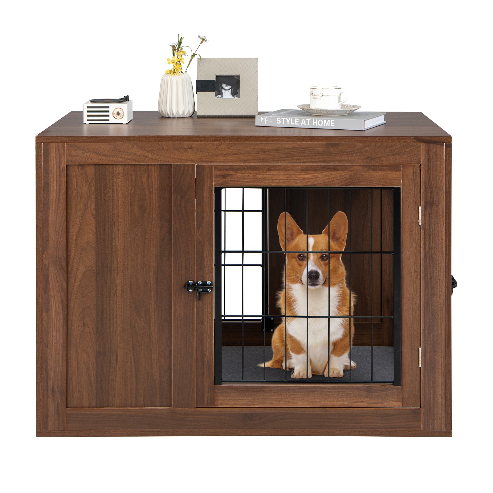 Furniture Dog Crate with Cushion and Double Doors-Walnut
