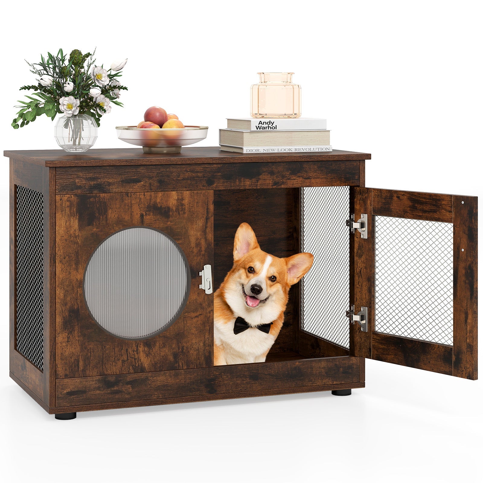 Furniture Style Dog Crate for Small and Medium Dogs with Translucent Window and Lockable Door-Rustic Brown Default Title