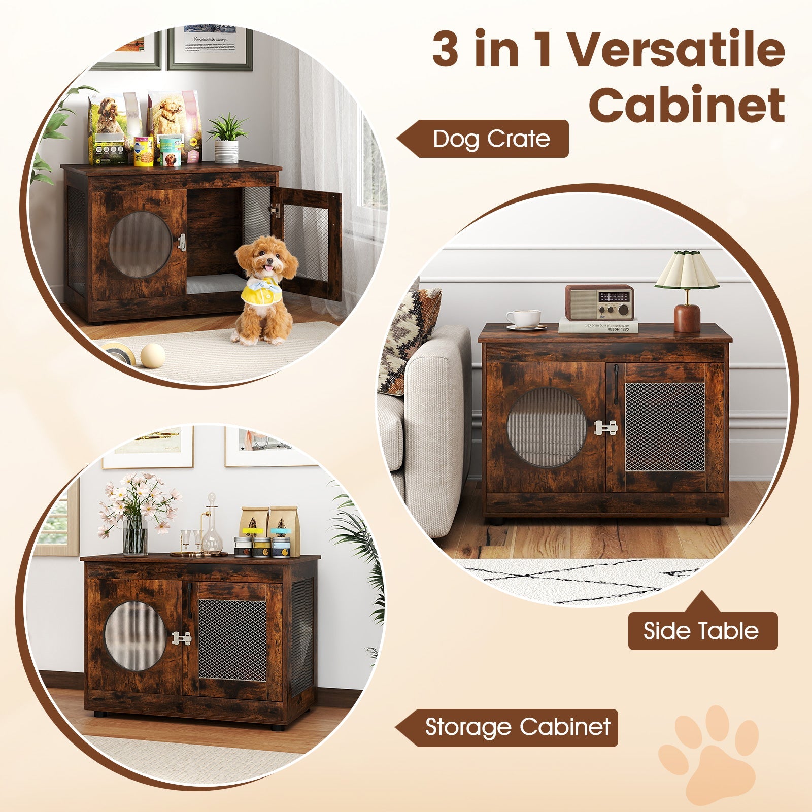 Furniture Style Dog Crate for Small and Medium Dogs with Translucent Window and Lockable Door-Rustic Brown
