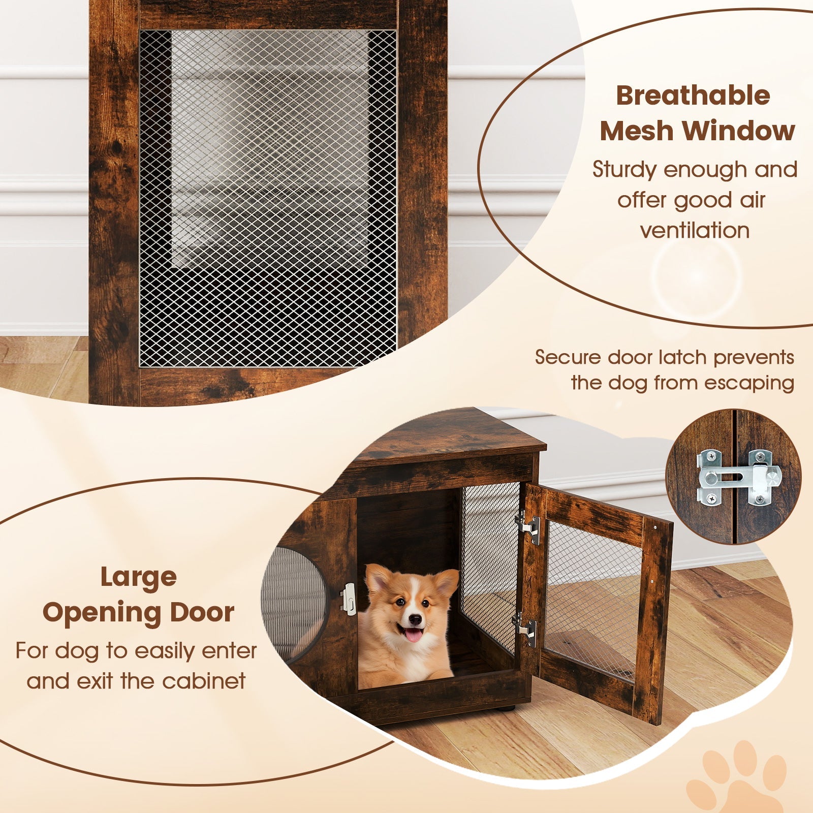 Furniture Style Dog Crate for Small and Medium Dogs with Translucent Window and Lockable Door-Rustic Brown