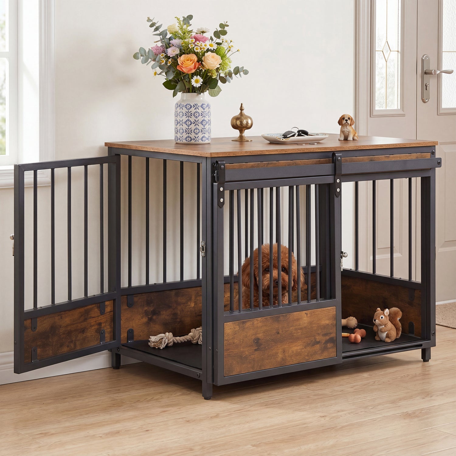 Dog Crate Furniture with Sliding Barn Door and Mat Default Title