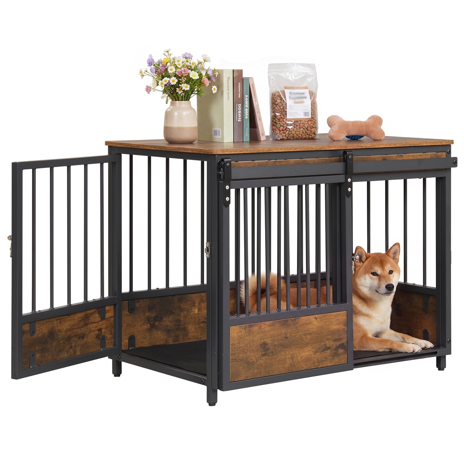 Dog Crate Furniture with Sliding Barn Door and Mat