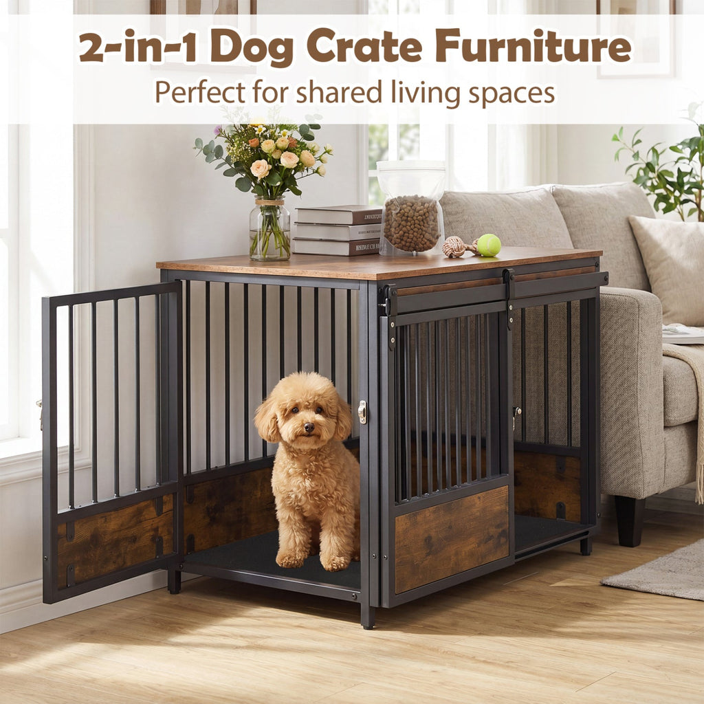 Dog Crate Furniture with Sliding Barn Door and Mat