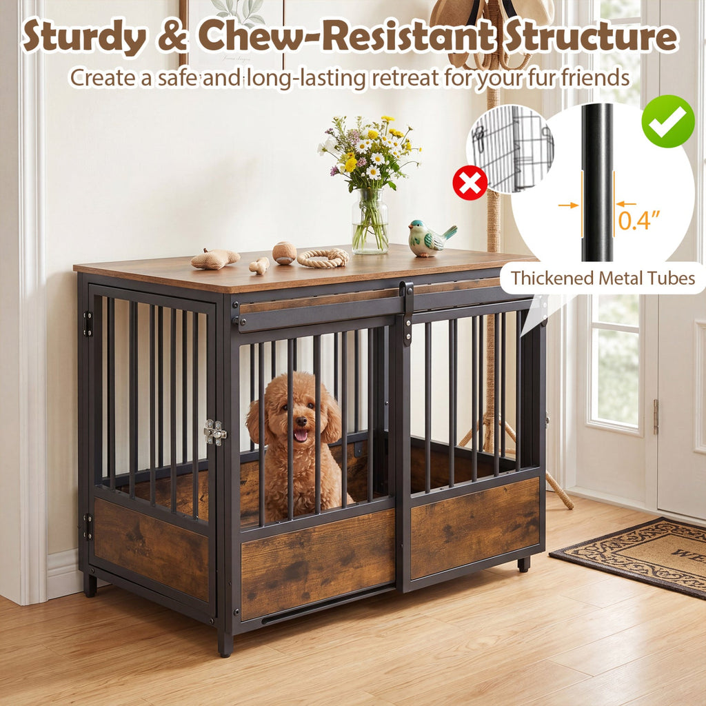 Dog Crate Furniture with Sliding Barn Door and Mat
