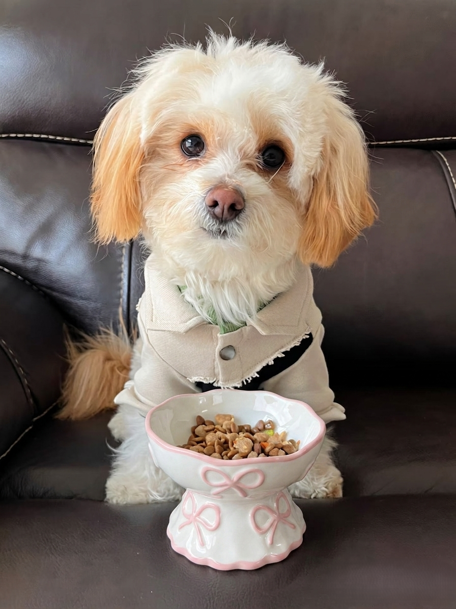 Cute Bow Ceramic Pet Bowl Elevated Princess Dog Cat Feeding Bowl