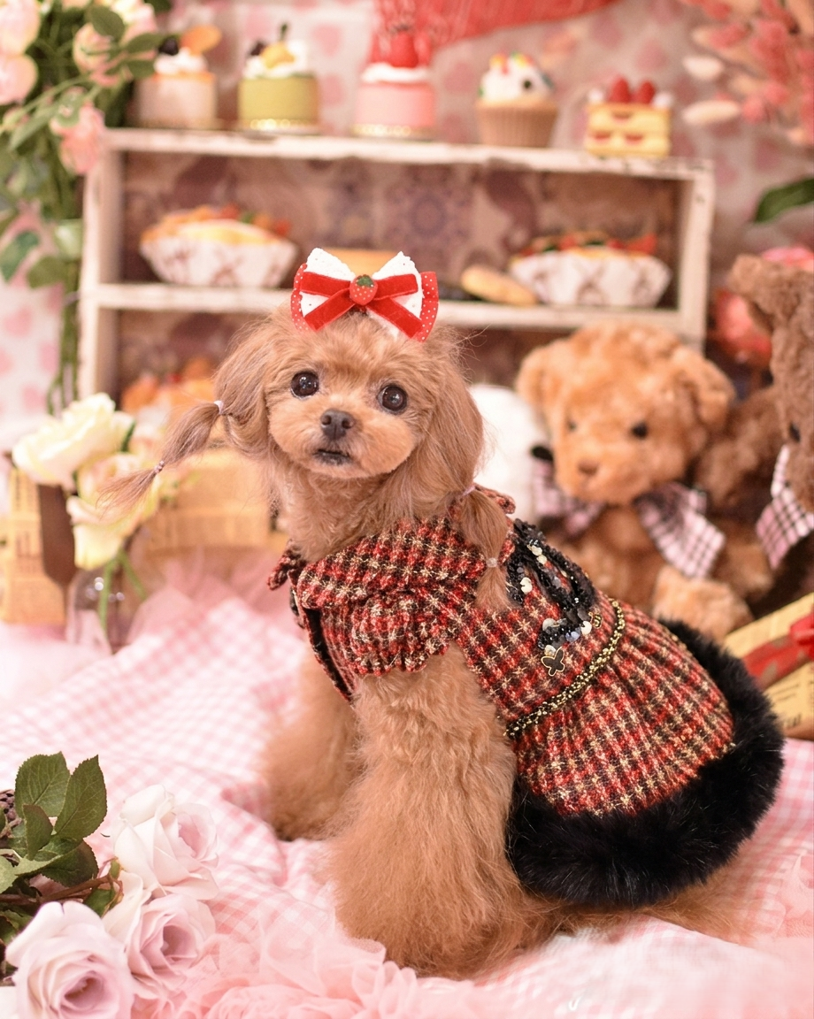 Red Tweed Pet Dress with Faux Fur Hem