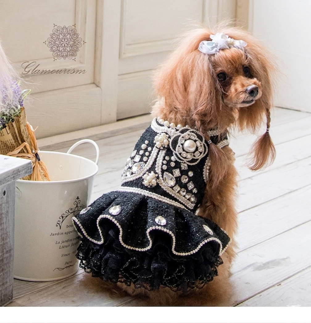 Black Tweed Pet Dress with Pearl Trim