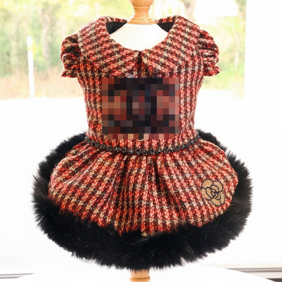 Red Tweed Pet Dress with Faux Fur Hem