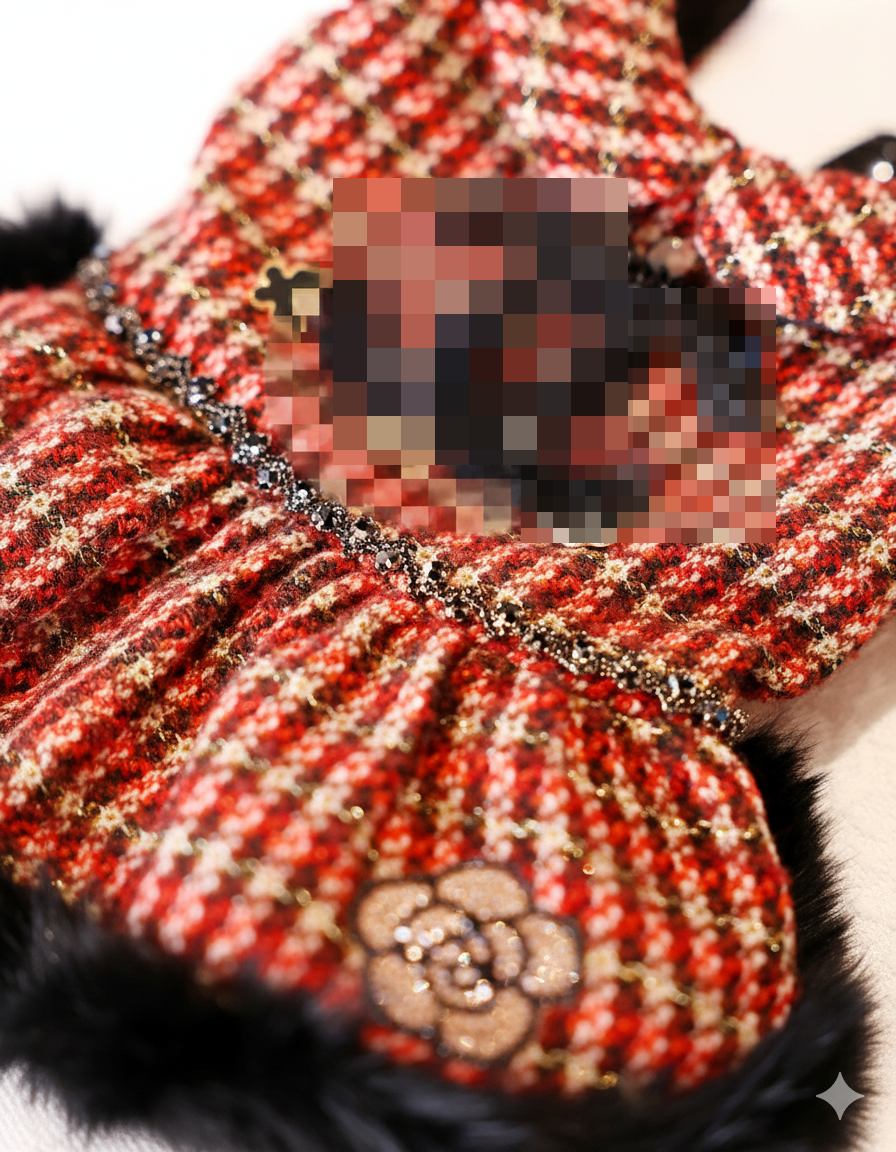 Red Tweed Pet Dress with Faux Fur Hem