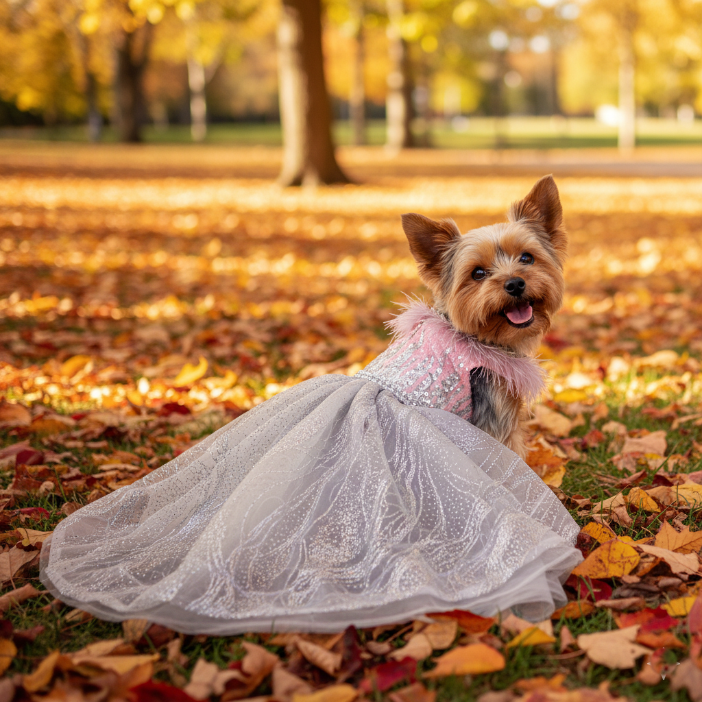 Luxury Sequin Pet Long Train Dress with Feather Collar Princess Dog Gown