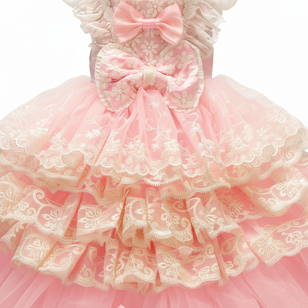 Handmade Princess Pink Lace Pet Ball Gown Dress – Luxury Layered Tulle Wedding Dress for Small Dogs