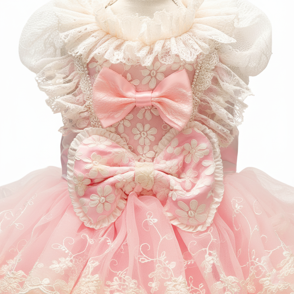 Handmade Princess Pink Lace Pet Ball Gown Dress – Luxury Layered Tulle Wedding Dress for Small Dogs
