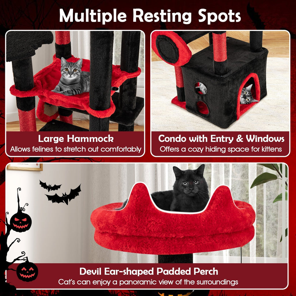 Gothic Cat Tree with Plush Perch and Spider Dangling Toy-Black & Red