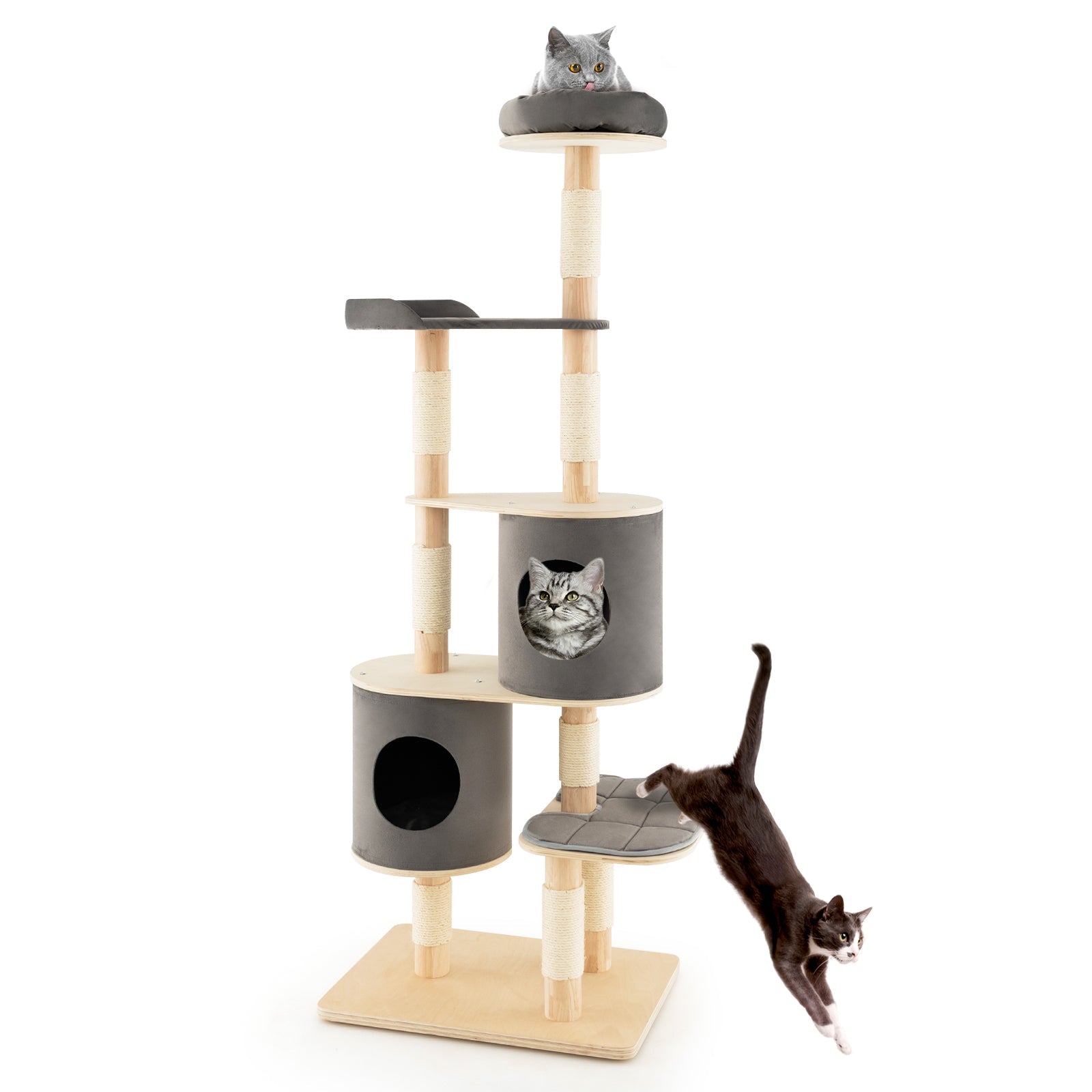 6-Tier Wooden Cat Tree with 2 Removeable Condos Platforms and Perch Gray