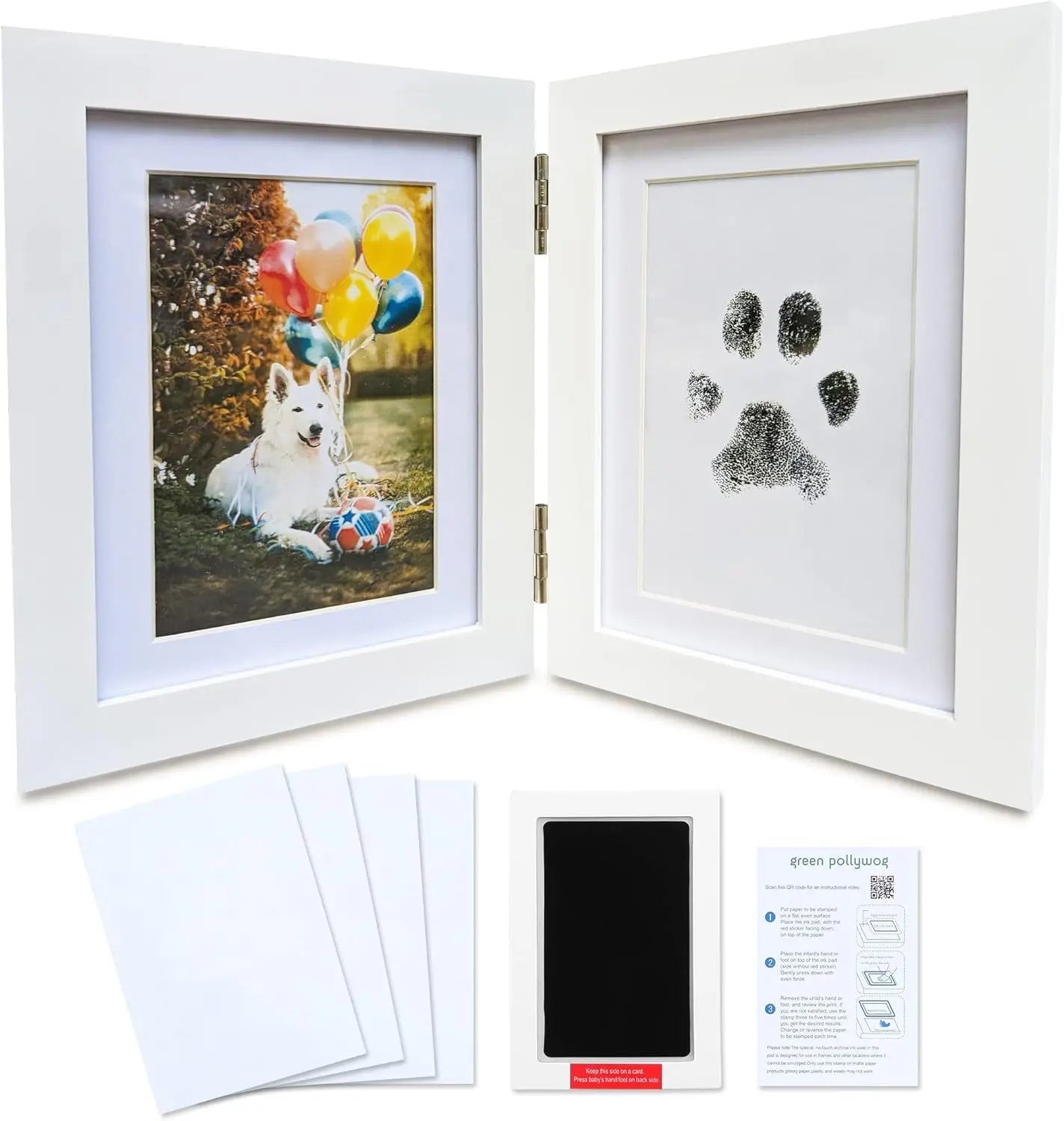 Green Pollywog Pet Memorial Shadowbox | Collar, Tag & Photo Keepsake Hinged Paw Print Kit