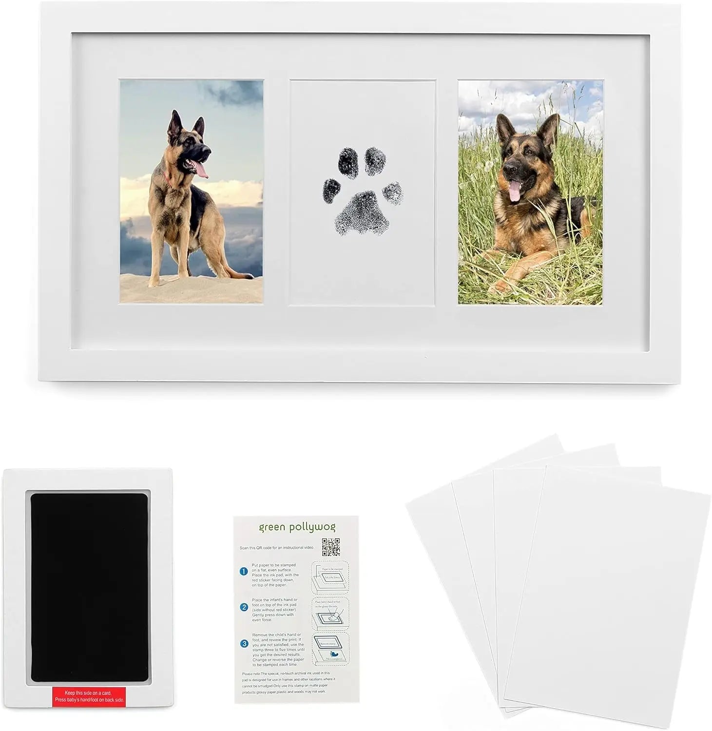 Green Pollywog Pet Memorial Shadowbox | Collar, Tag & Photo Keepsake Paw Print Kit White Frame