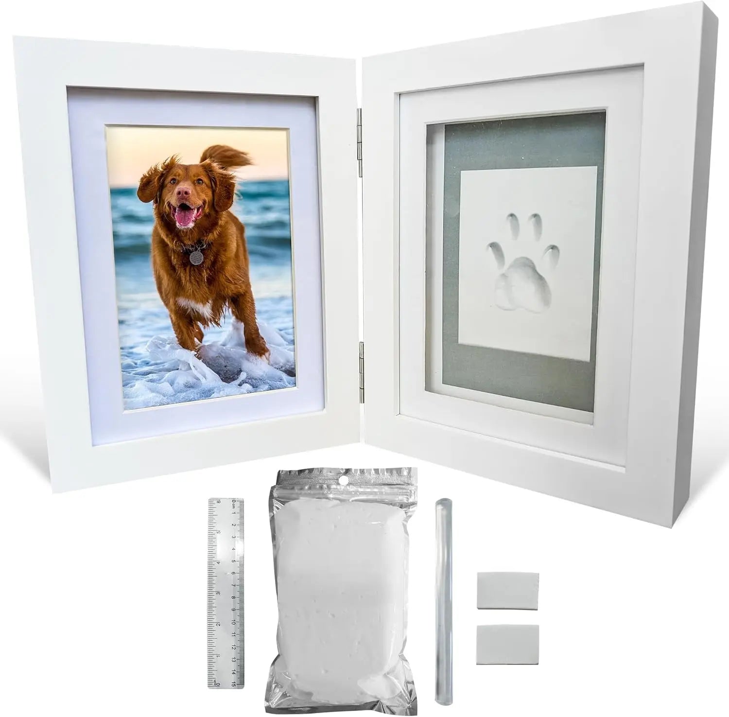 Green Pollywog Pet Memorial Shadowbox | Collar, Tag & Photo Keepsake Clay Paw Print Kit + Frame